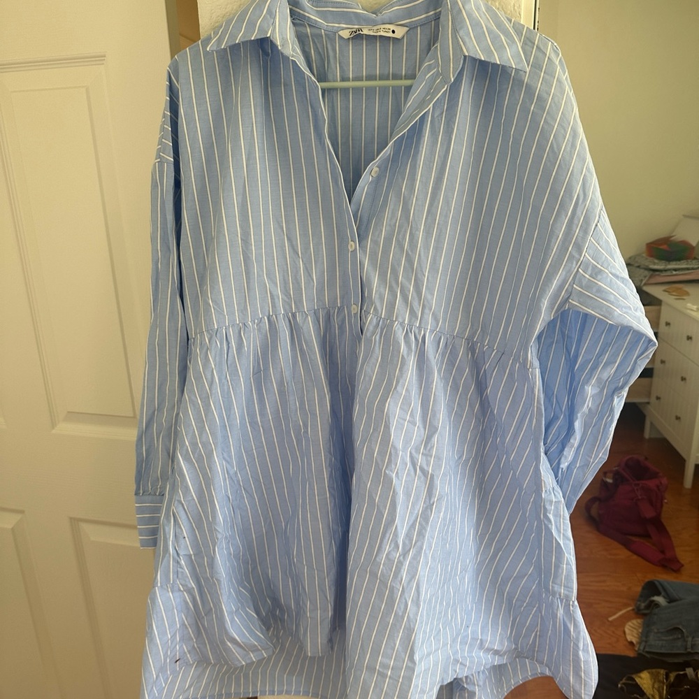 Zara oversized striped blue shirt dress